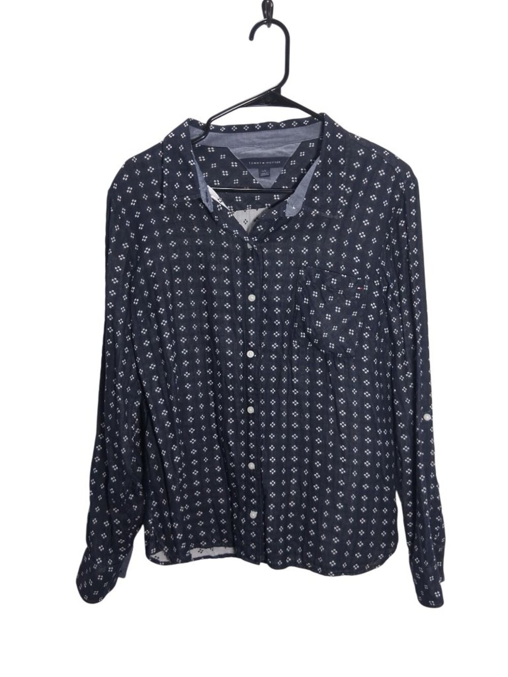 Tommy Hilfiger Womens Button-Down Shirt Navy Floral Print Long Sleeve Size L
